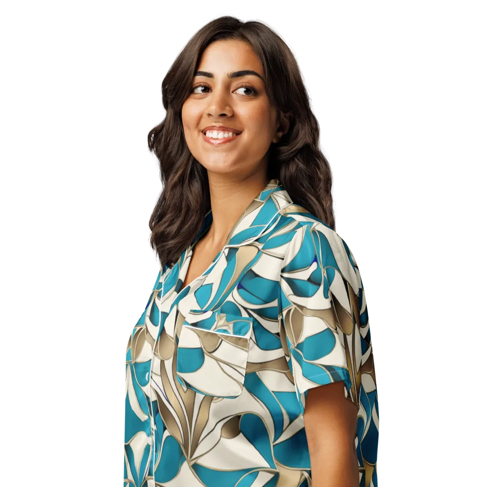 Teal Arabesque on Women's Short Sleeve Pajama Top — Left Front