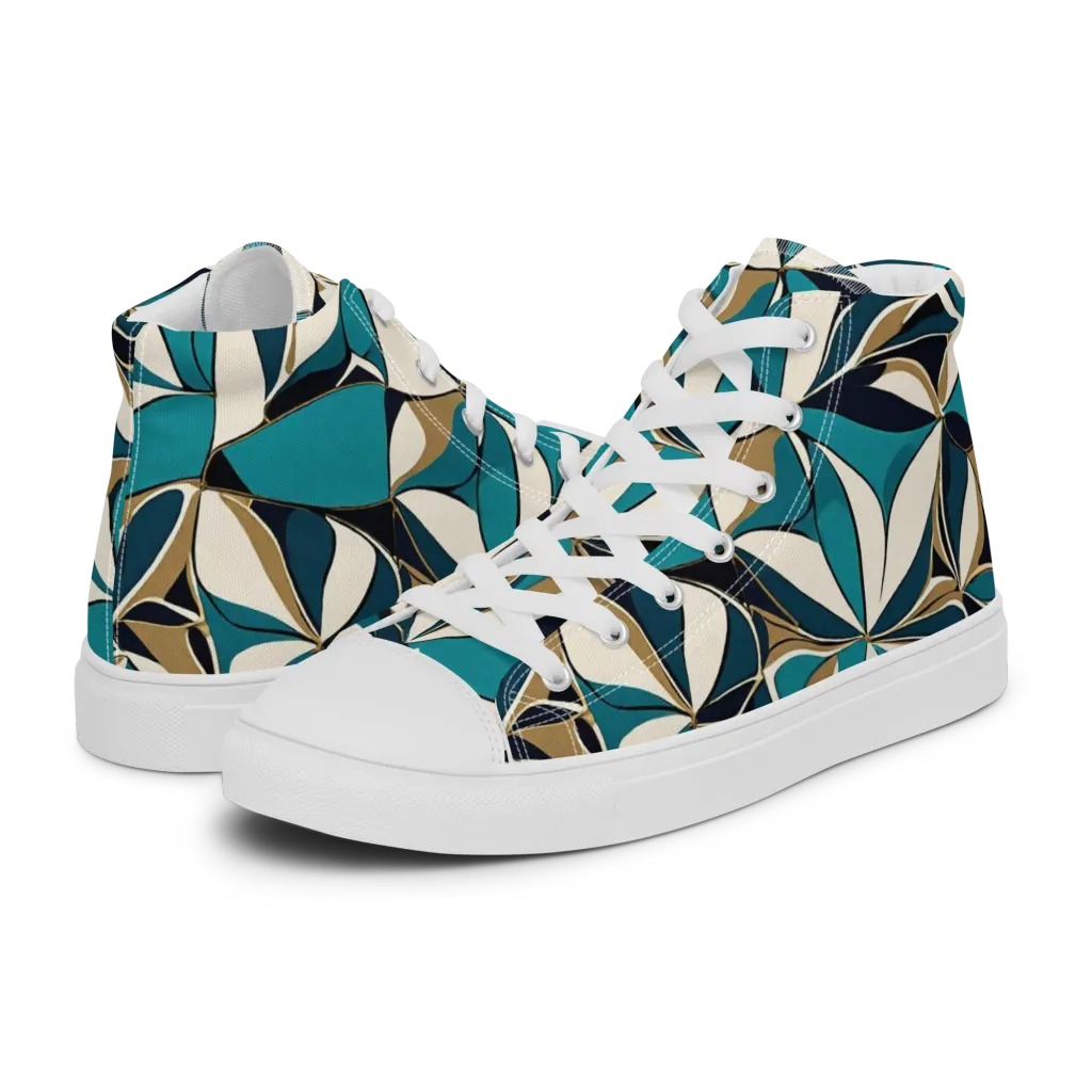 Teal Gilded Bloom on Men's High Top Canvas Shoes — Left