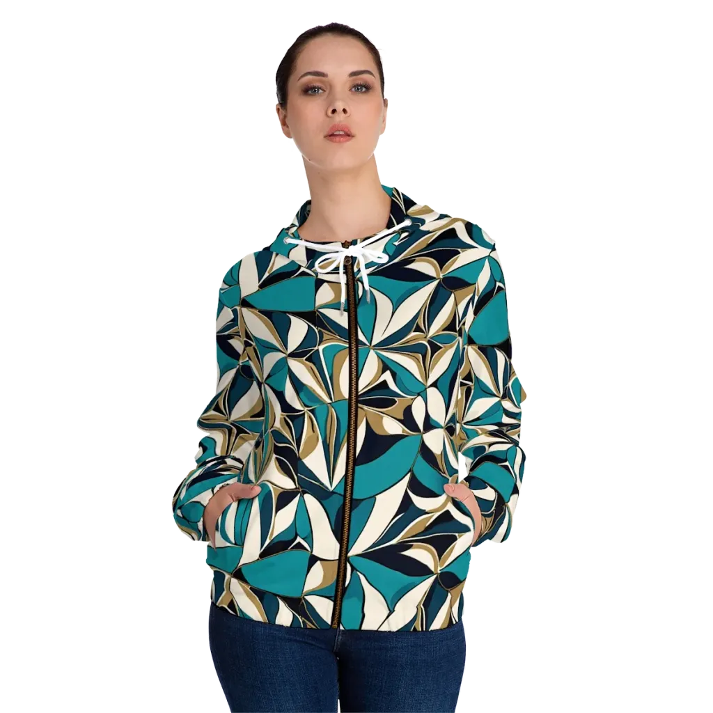 Teal Gilded Bloom on Women's Full-Zip Hoodie — Front On Person