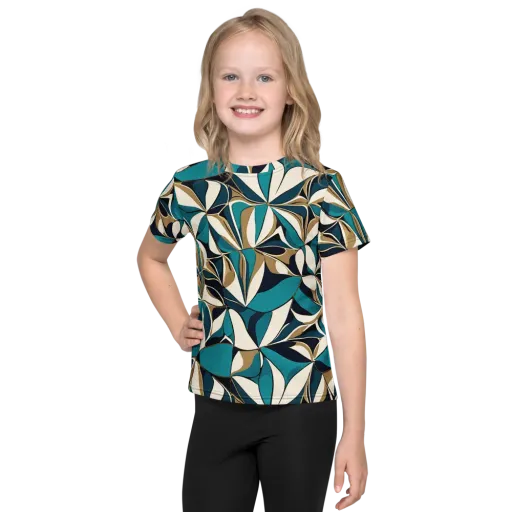 Teal Gilded Bloom on a Kids Crew Neck T-Shirt