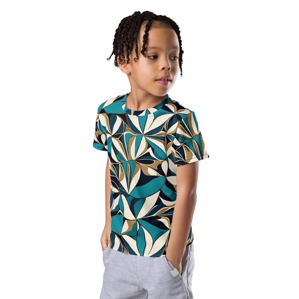 Teal Gilded Bloom on Kids Crew Neck T-Shirt — Left Front