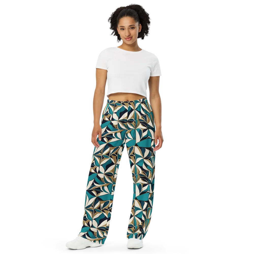 Teal Gilded Bloom on Wide-Leg Pants — Front
