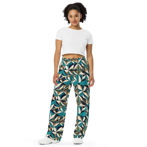 Teal Gilded Bloom on a Wide-Leg Pants
