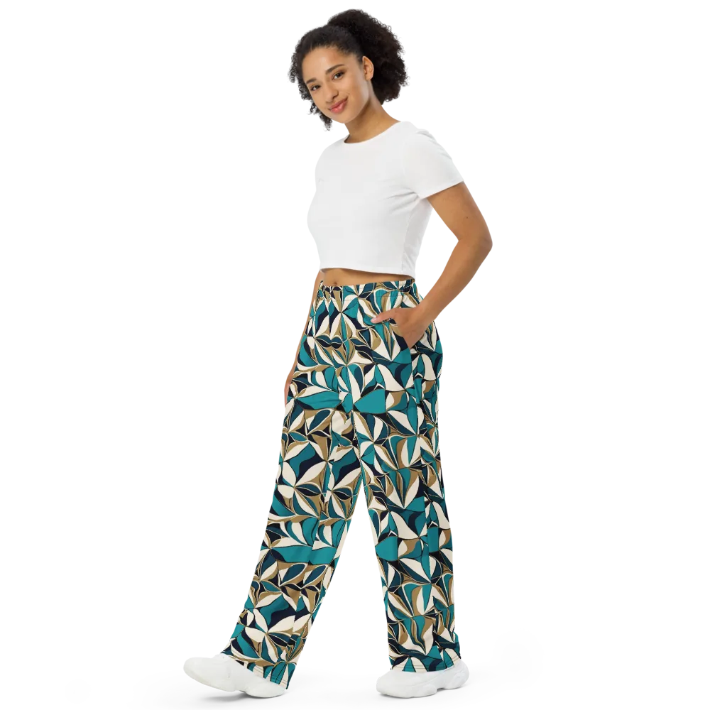 Teal Gilded Bloom on Wide-Leg Pants — Left Front