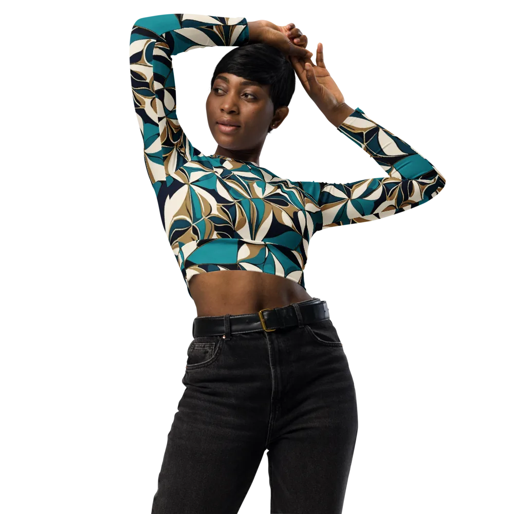 Teal Gilded Bloom on Long Sleeve Crop Top — Front