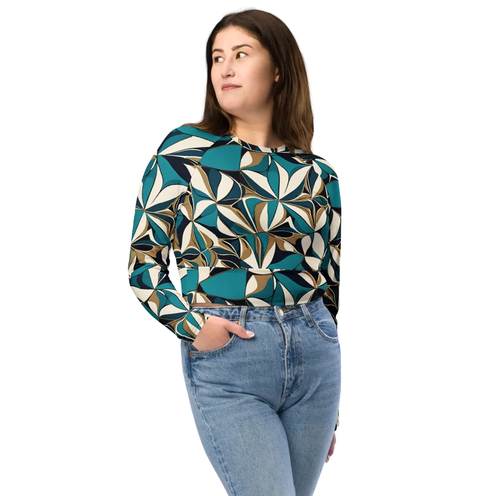 Teal Gilded Bloom on Long Sleeve Crop Top — Front