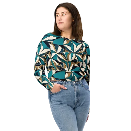 Teal Gilded Bloom on a Long Sleeve Crop Top