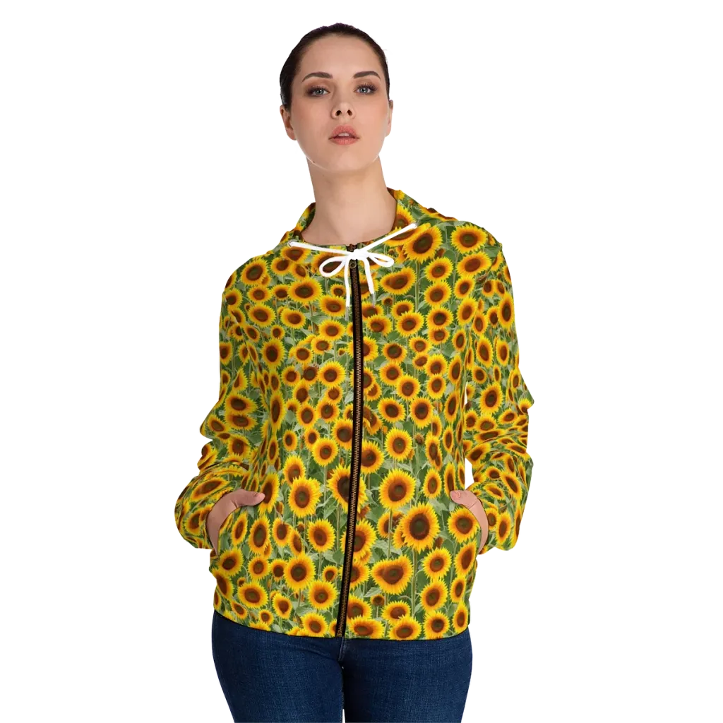 Sunflower Rush on Women's Full-Zip Hoodie — Front On Person
