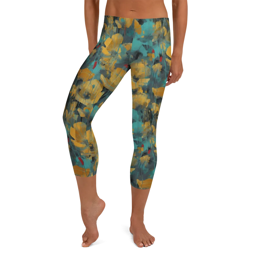 Turquoise Poppy Drift on Capri Leggings — Front