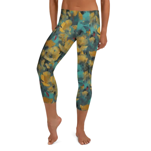 Turquoise Poppy Drift on a Capri Leggings