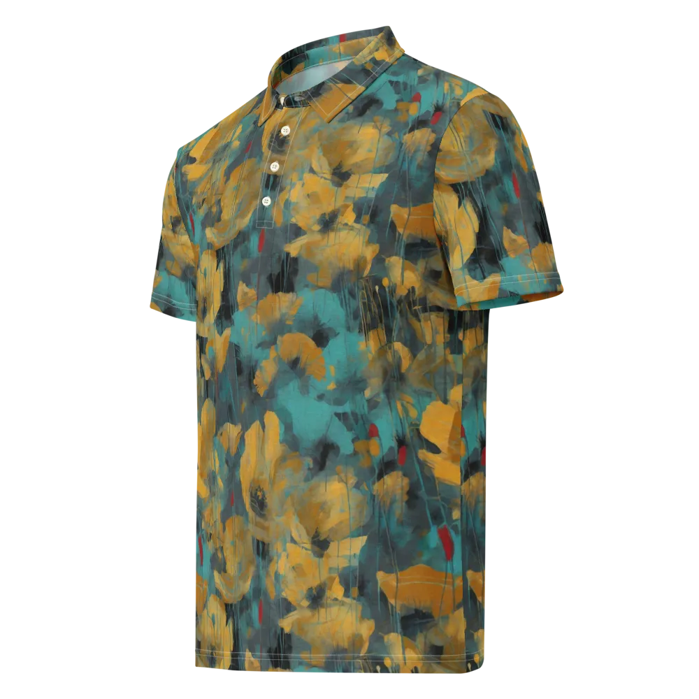 Turquoise Poppy Drift on Men's Slim Fit Polo Shirt — Left Front