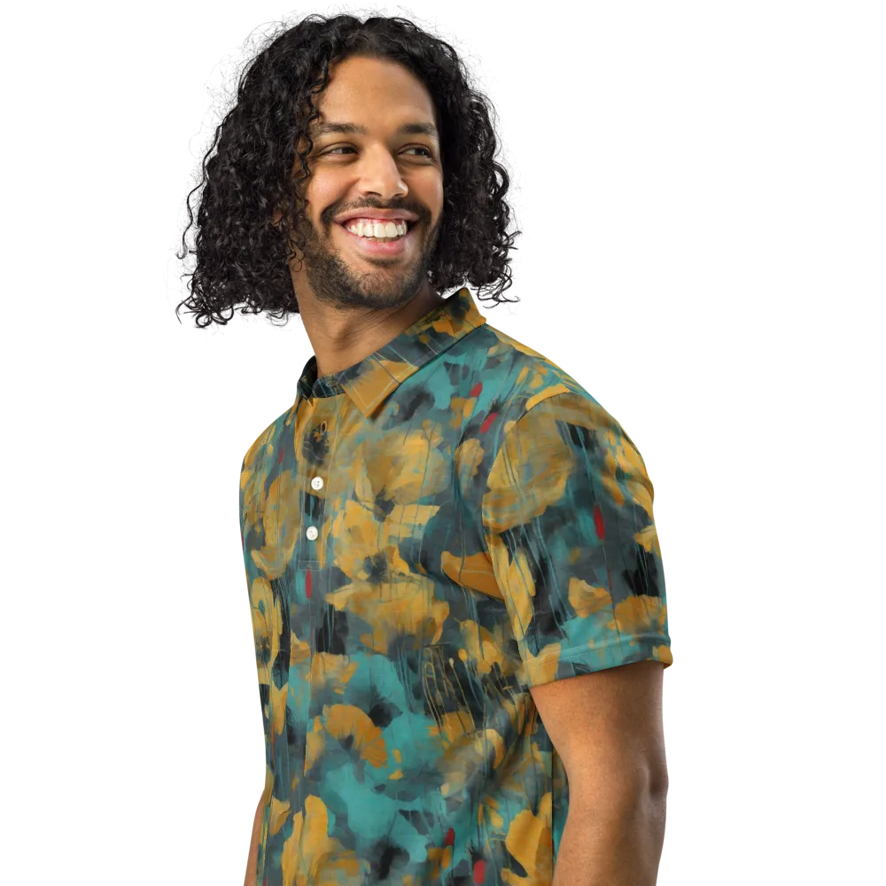 Turquoise Poppy Drift on Men's Slim Fit Polo Shirt — Left Front