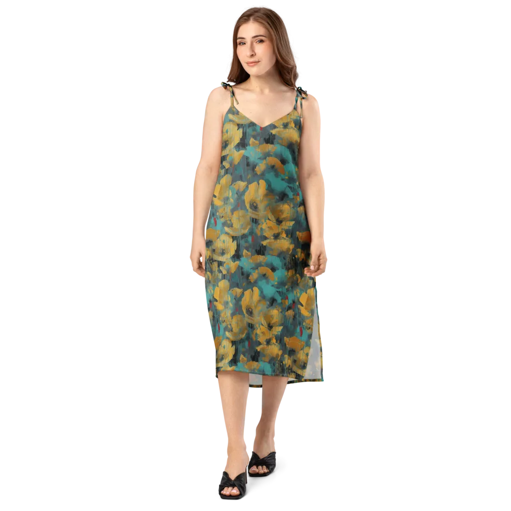 Turquoise Poppy Drift on Slip Dress — Front