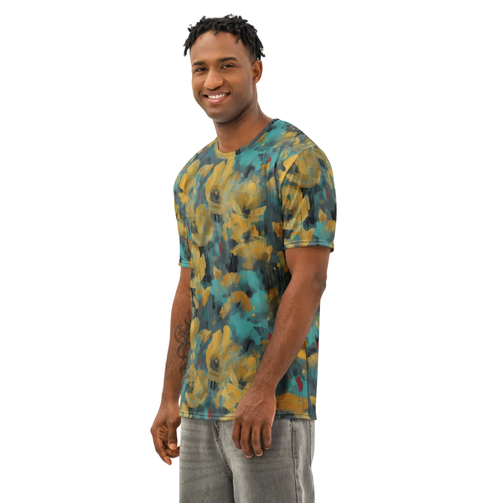 Turquoise Poppy Drift on Men's Cotton Crew Neck T-Shirt — Left Front