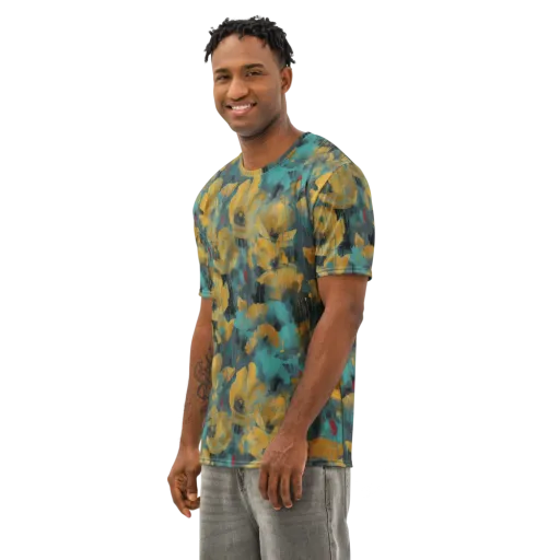 Turquoise Poppy Drift on a Men's Cotton Crew Neck T-Shirt