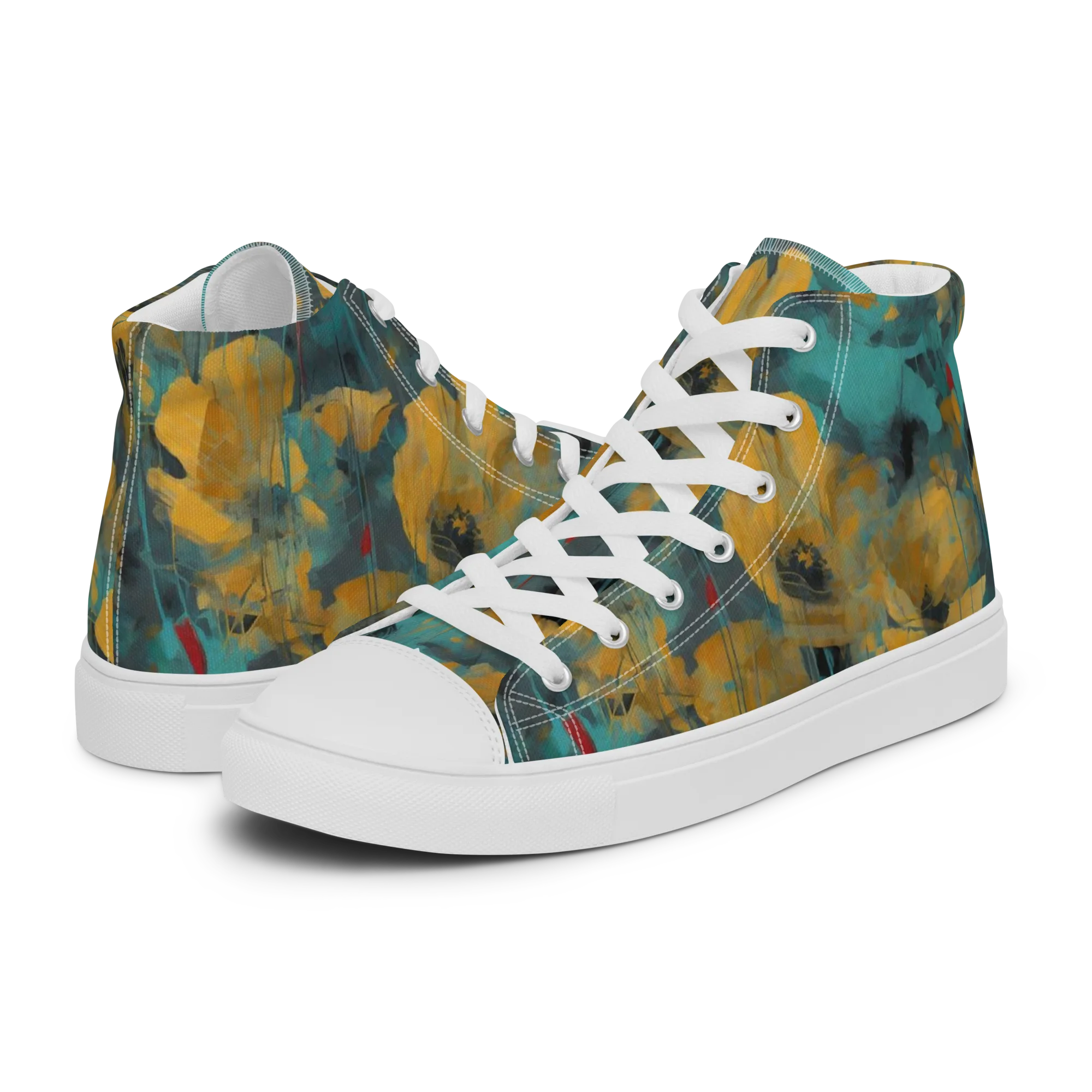 Turquoise Poppy Drift on Men's High Top Canvas Shoes — Left