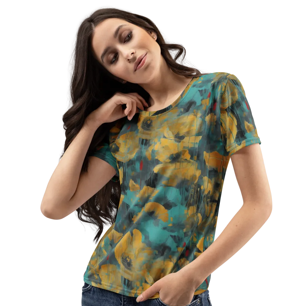 Turquoise Poppy Drift on Women's Crew Neck T-Shirt — Left Front