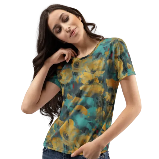 Turquoise Poppy Drift on a Women's Crew Neck T-Shirt