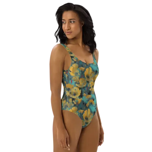 Turquoise Poppy Drift on a One-Piece Swimsuit