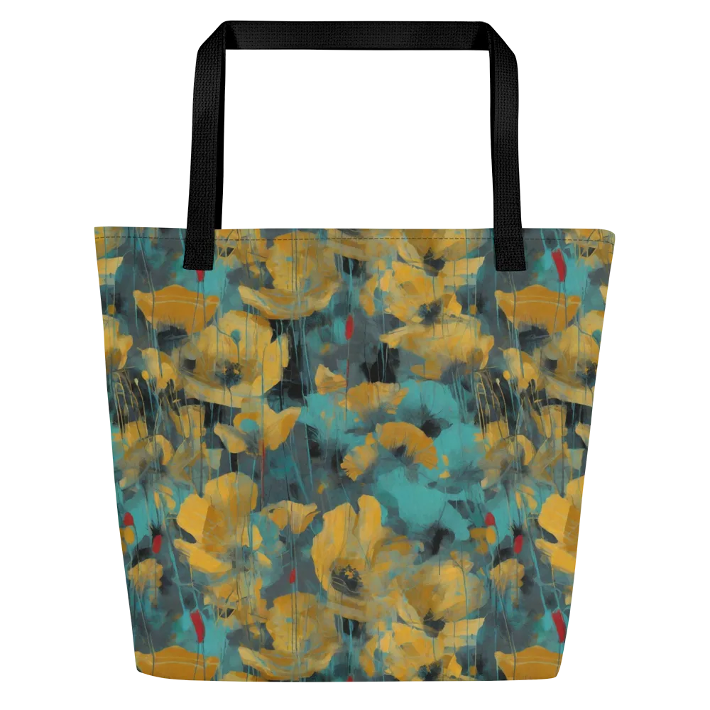 Turquoise Poppy Drift on Large Tote Bag W/ Pocket — Front