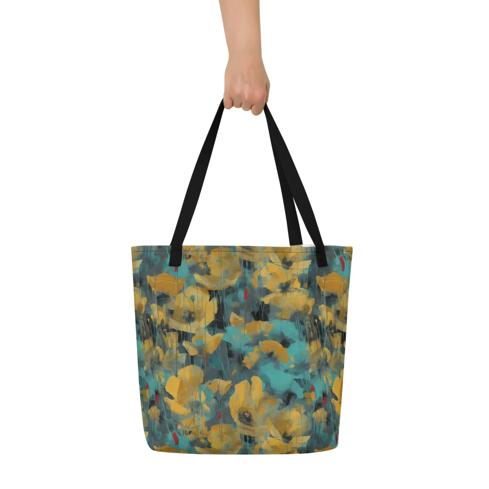 Turquoise Poppy Drift on Large Tote Bag W/ Pocket — Front
