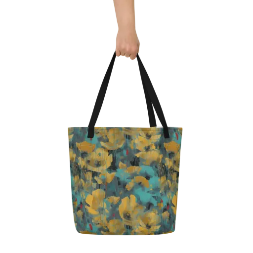 Turquoise Poppy Drift on a Large Tote Bag W/ Pocket