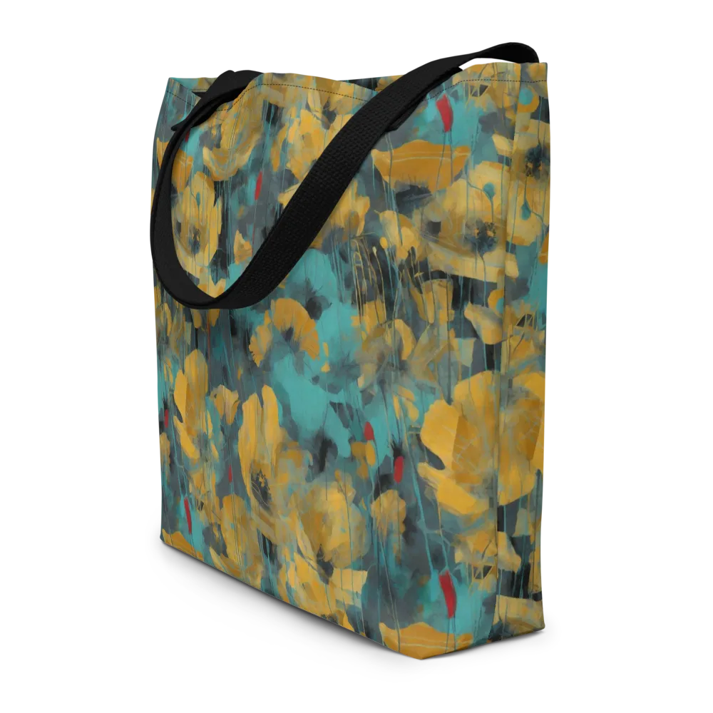 Turquoise Poppy Drift on Large Tote Bag W/ Pocket — Front