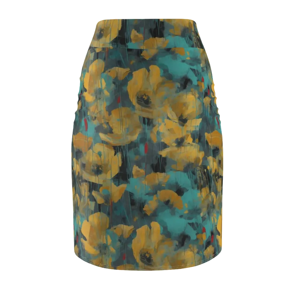 Turquoise Poppy Drift on Pencil Skirt — Back