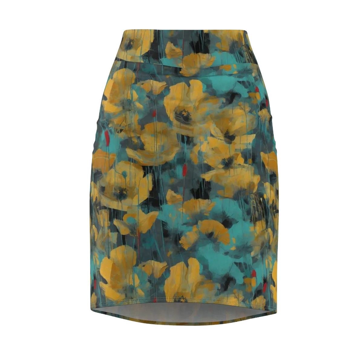 Turquoise Poppy Drift on Pencil Skirt — Front