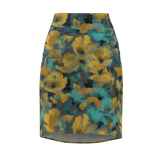 Turquoise Poppy Drift on a Pencil Skirt