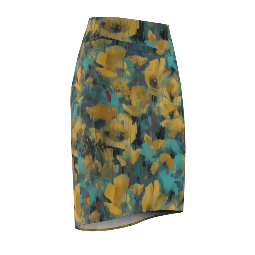 Turquoise Poppy Drift on Pencil Skirt — Front Side
