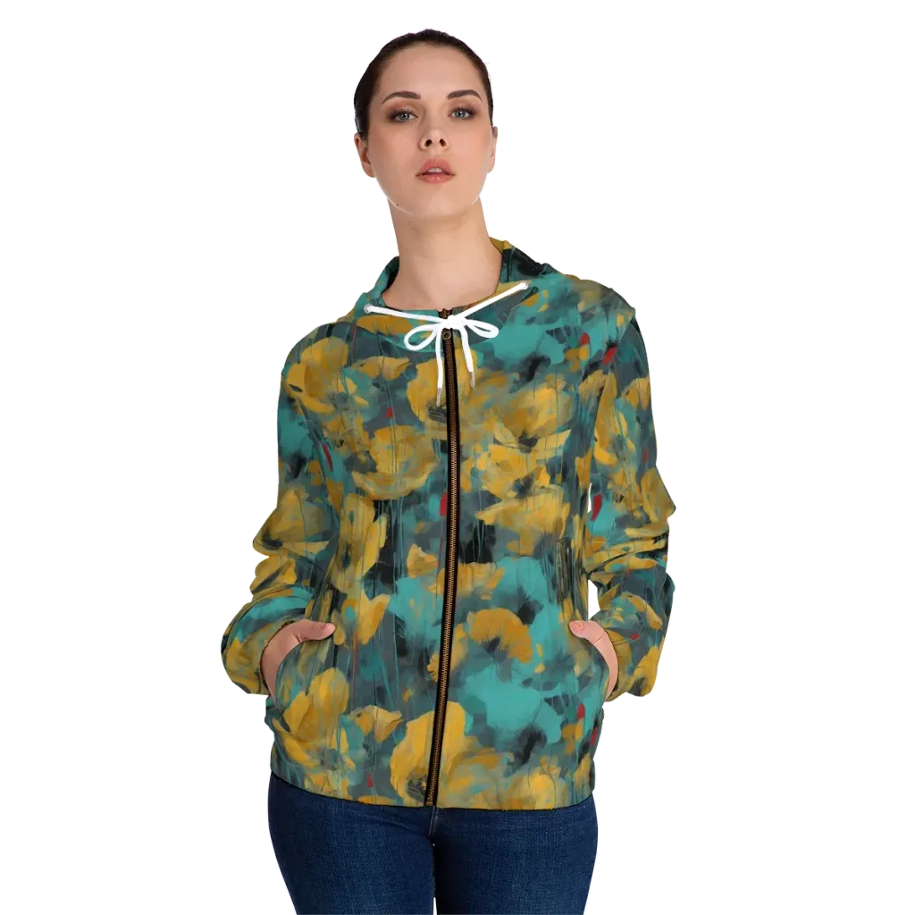 Turquoise Poppy Drift on Women's Full-Zip Hoodie — Front On Person
