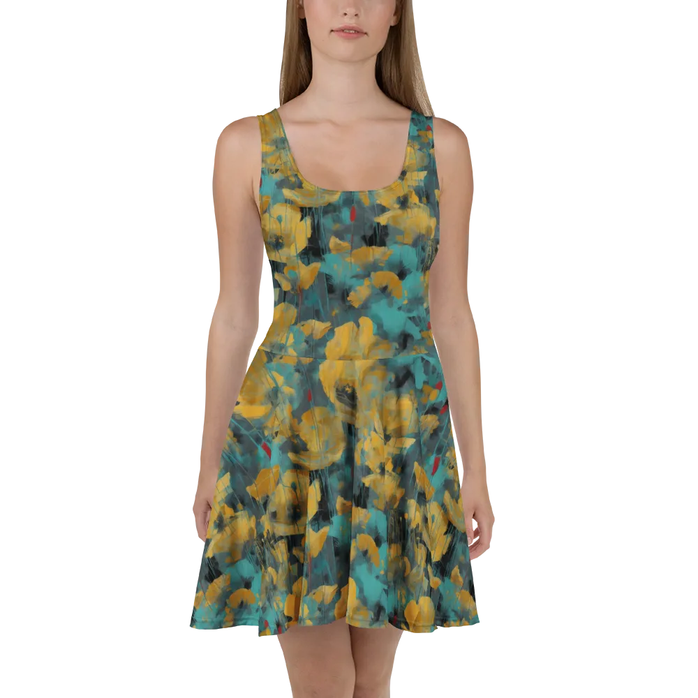 Turquoise Poppy Drift on Skater Dress — Front