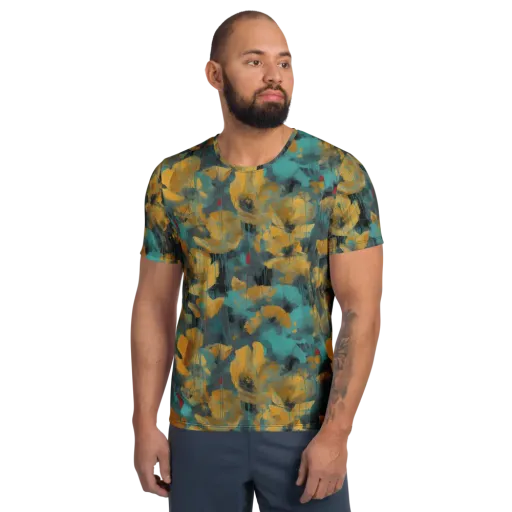 Turquoise Poppy Drift on a Men's Athletic T-Shirt