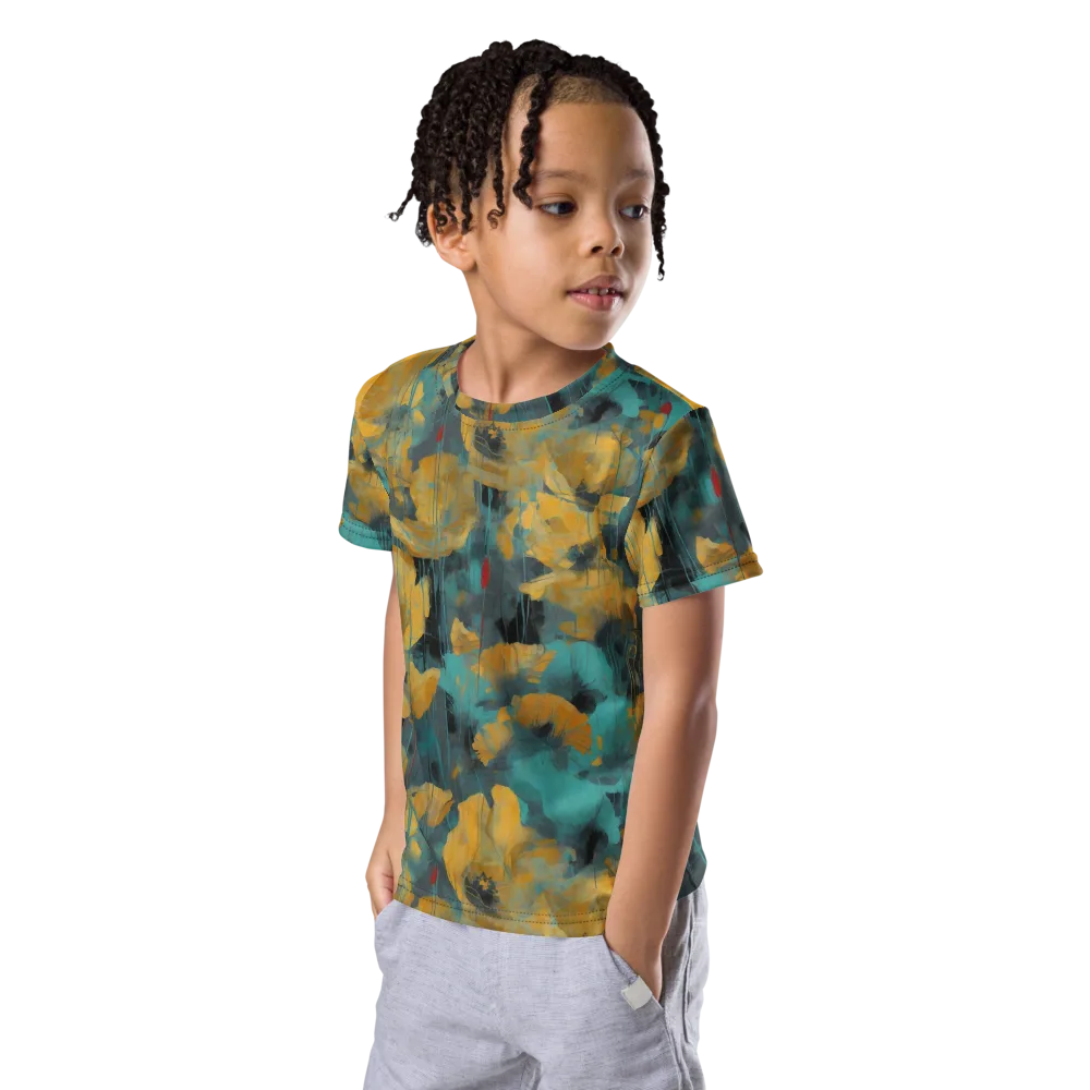 Turquoise Poppy Drift on Kids Crew Neck T-Shirt — Left Front