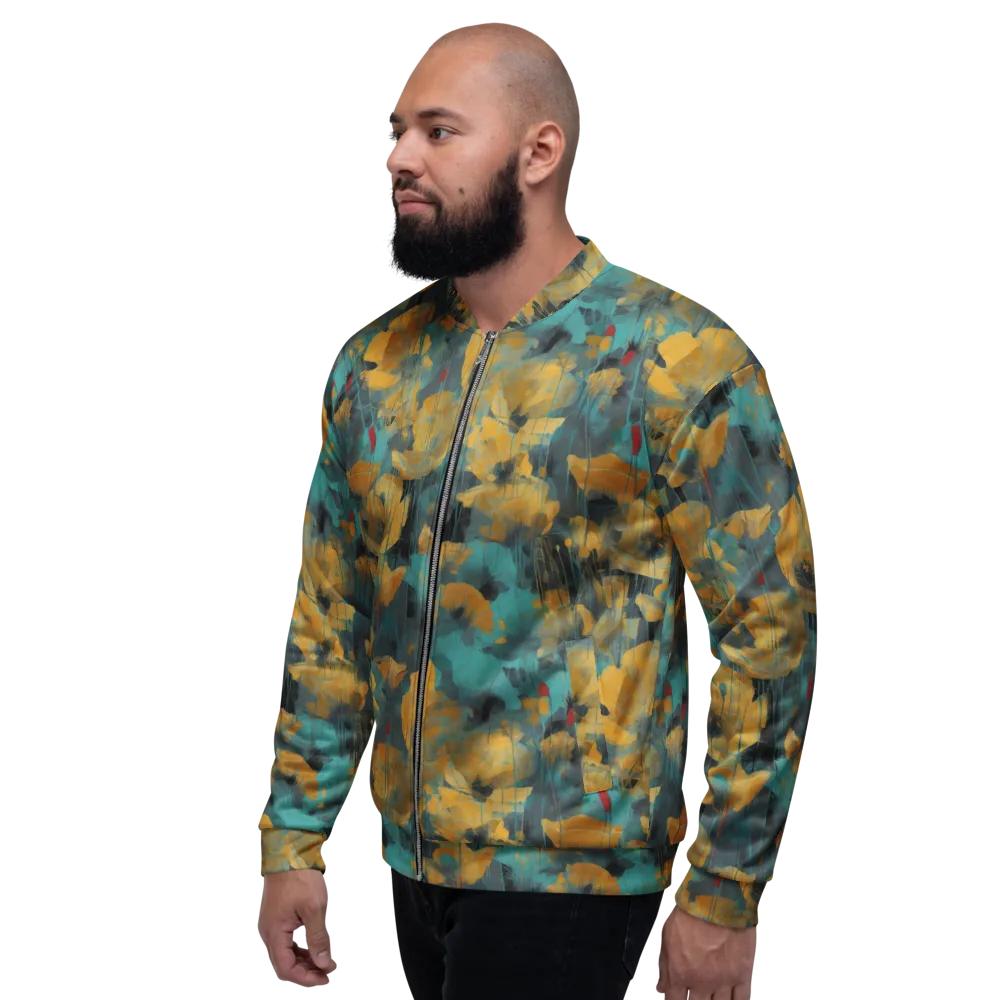 Turquoise Poppy Drift on Bomber Jacket — Left