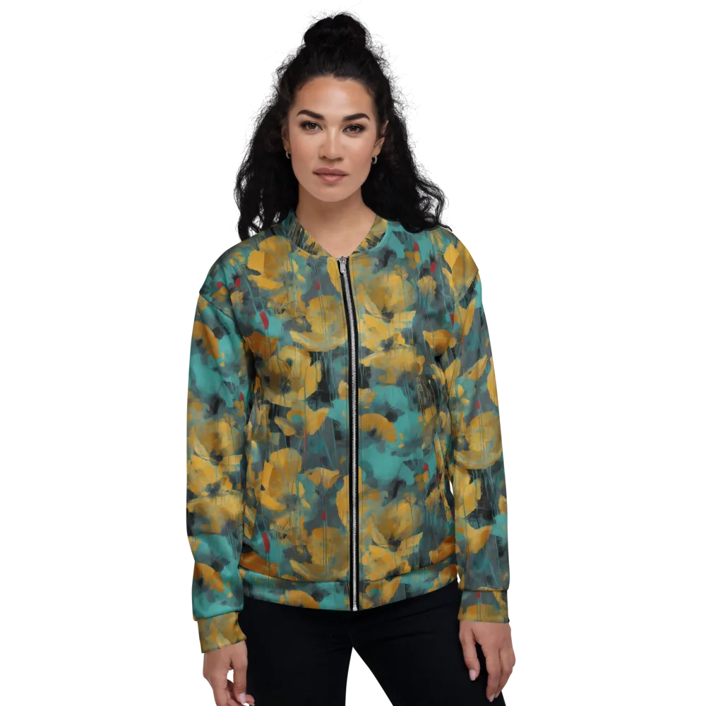 Turquoise Poppy Drift on Bomber Jacket — Front