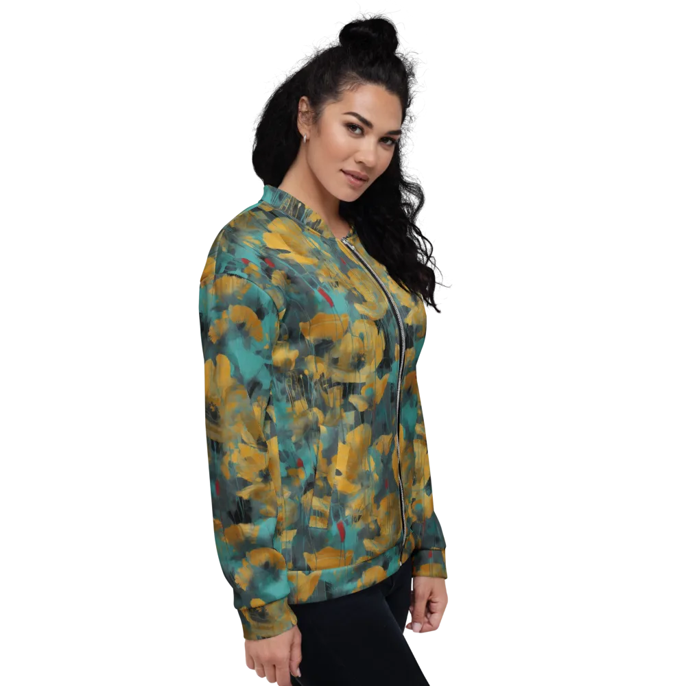Turquoise Poppy Drift on Bomber Jacket — Right
