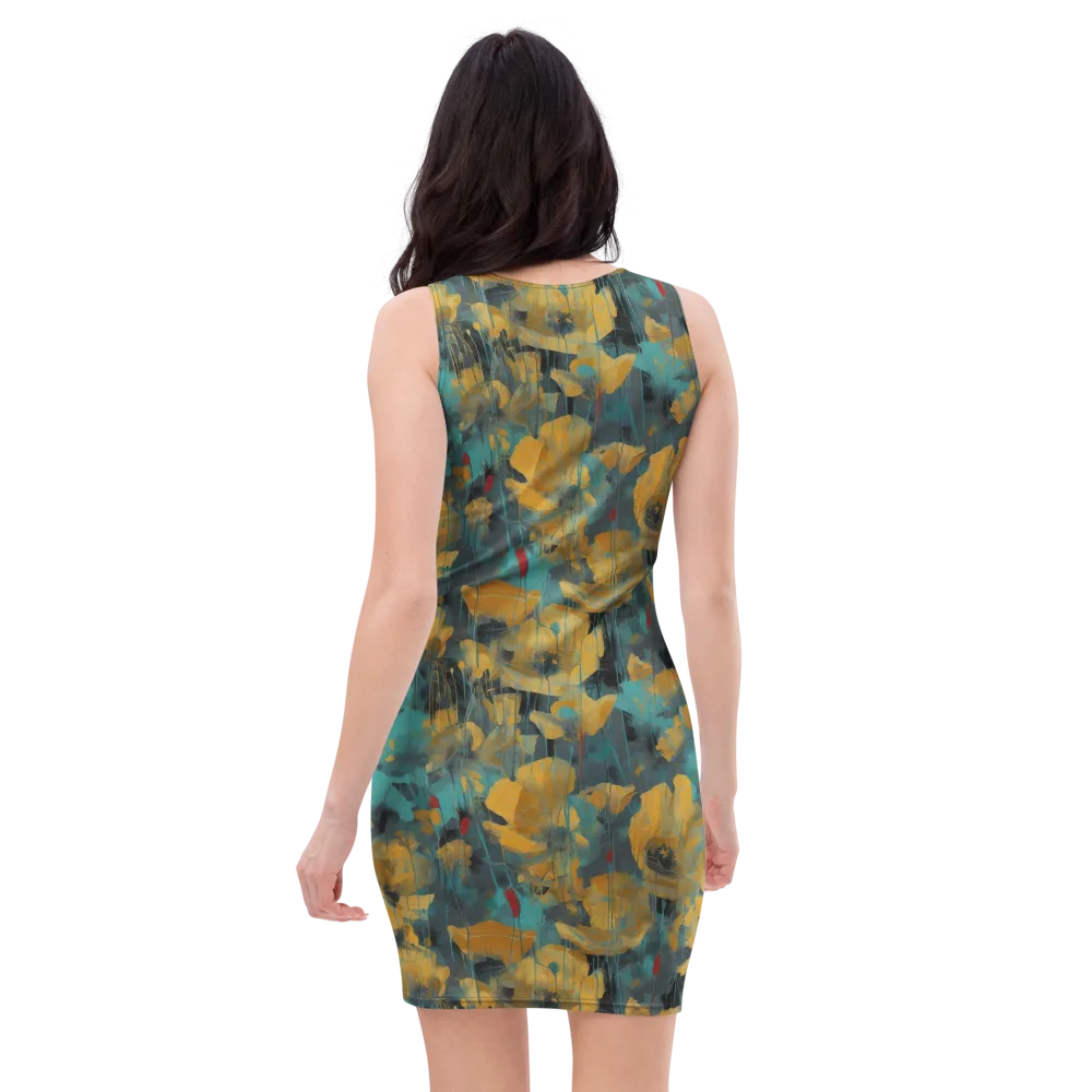 Turquoise Poppy Drift on Bodycon Dress — Back