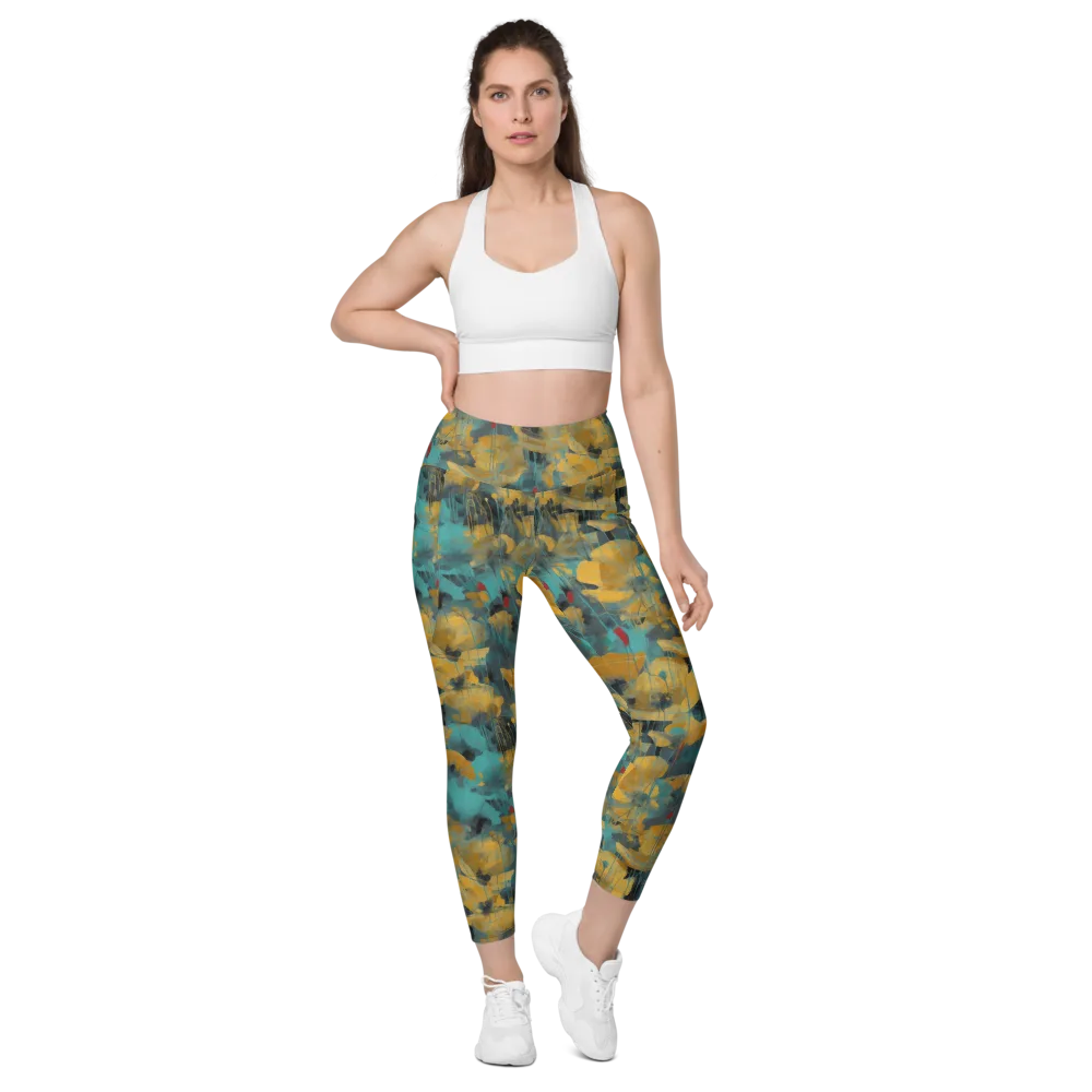 Turquoise Poppy Drift on Leggings with Pockets — Front