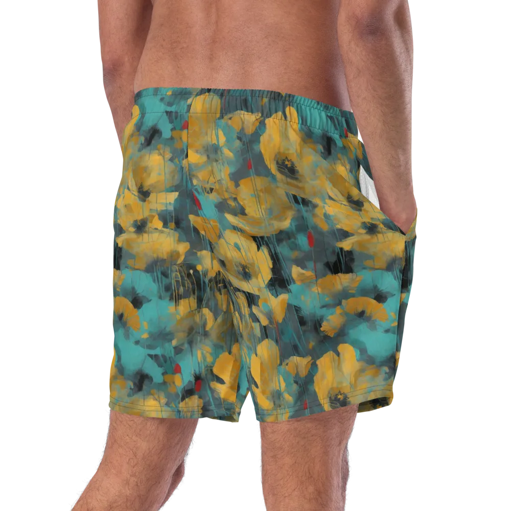 Turquoise Poppy Drift on Swim Trunks — Right Back