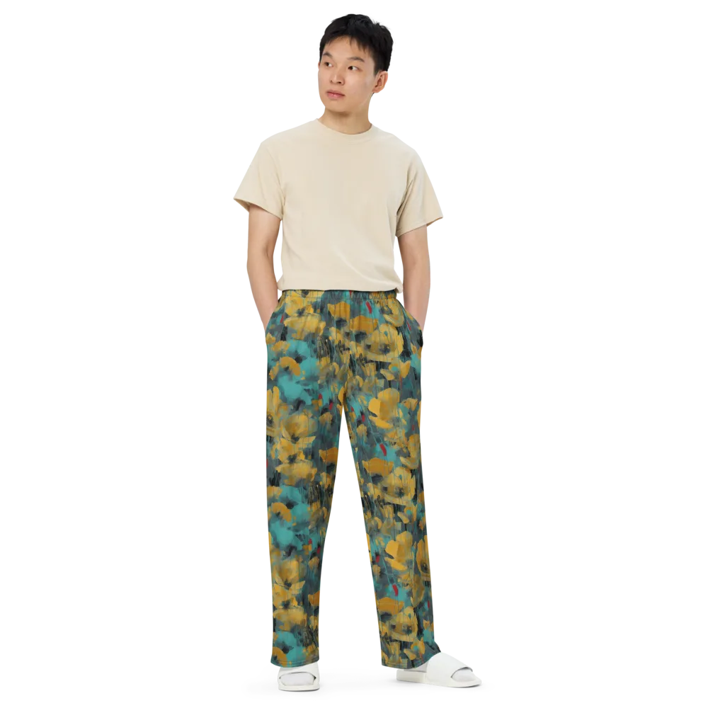 Turquoise Poppy Drift on Wide-Leg Pants — Front