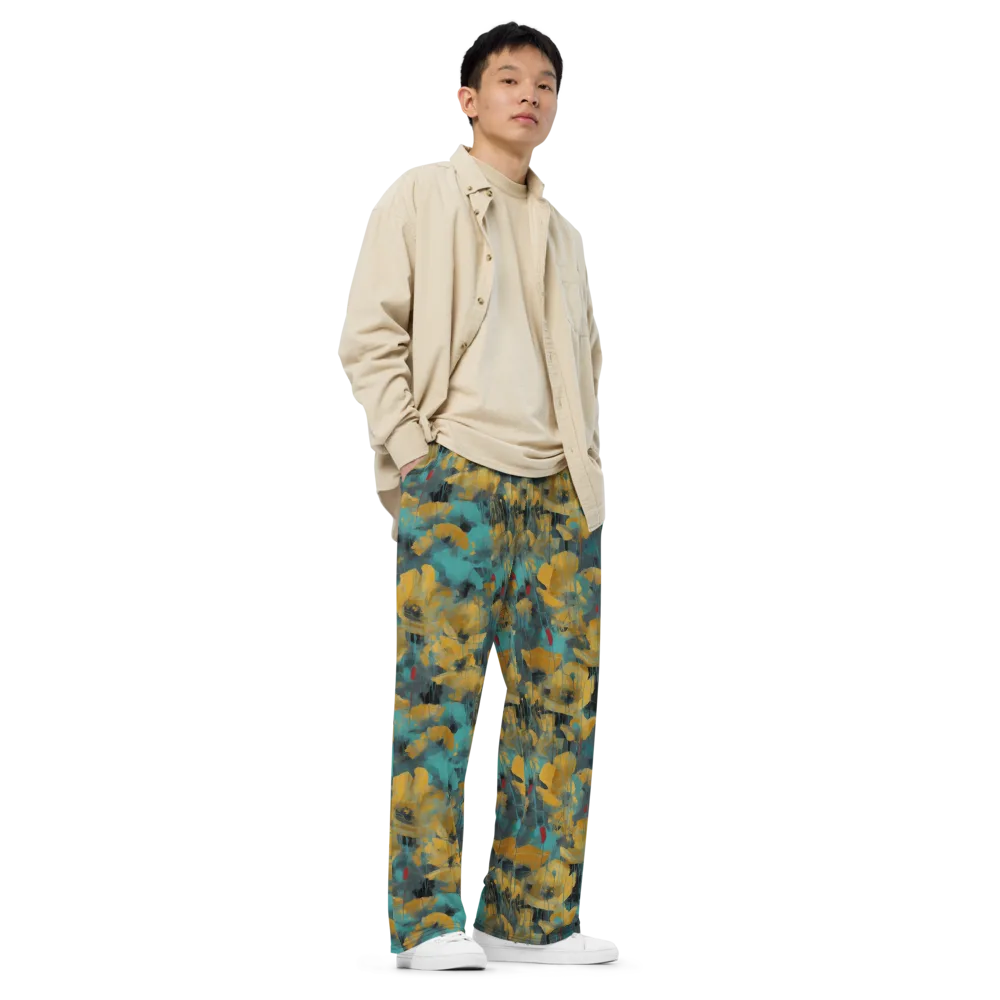 Turquoise Poppy Drift on Wide-Leg Pants — Right Front