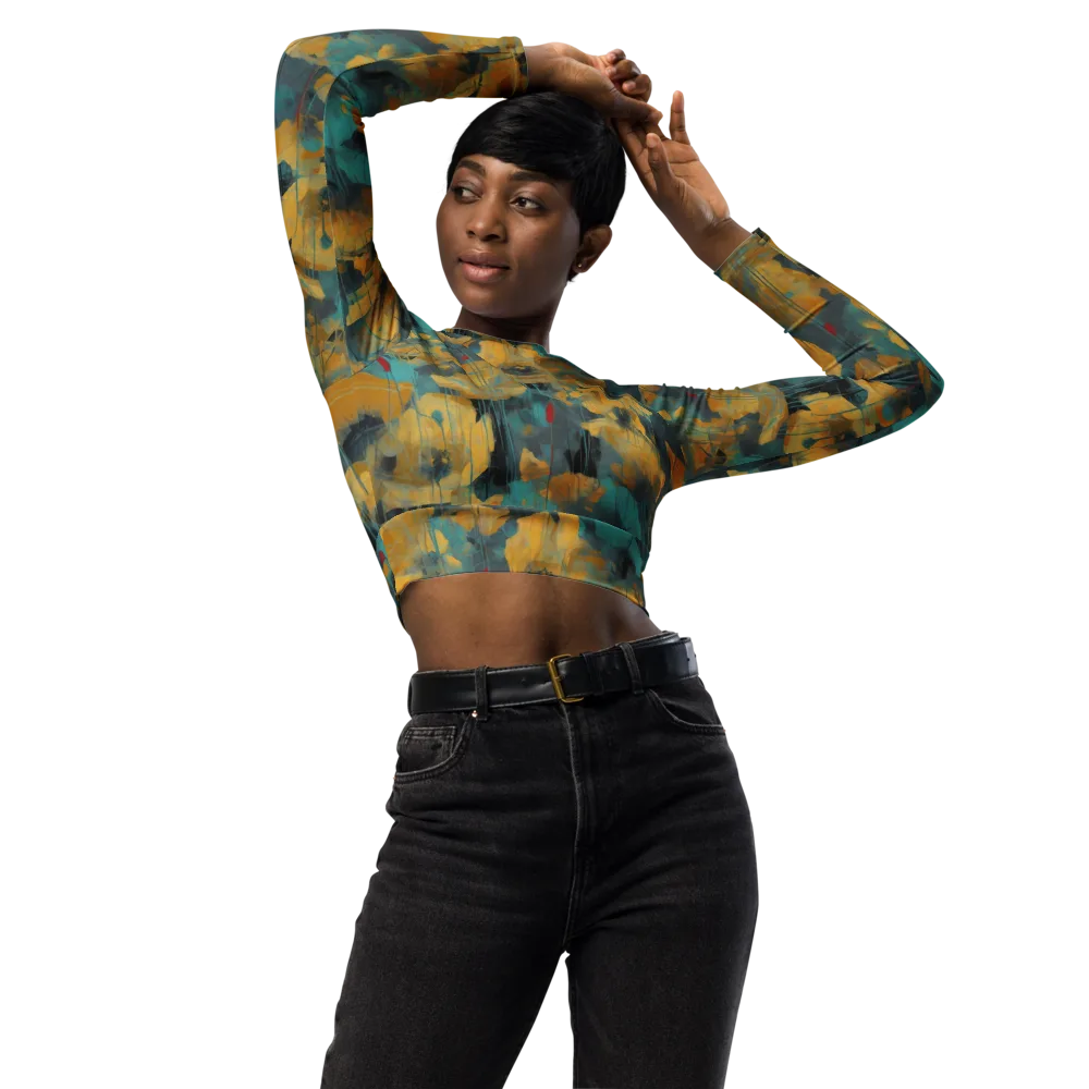 Turquoise Poppy Drift on Long Sleeve Crop Top — Front