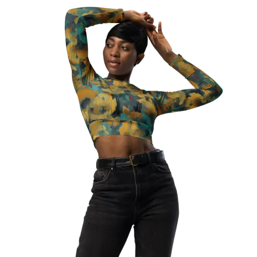 Turquoise Poppy Drift on a Long Sleeve Crop Top
