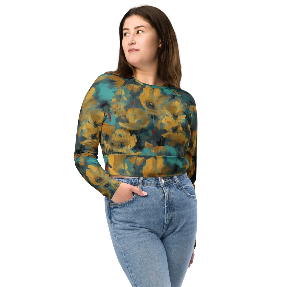 Turquoise Poppy Drift on Long Sleeve Crop Top — Front