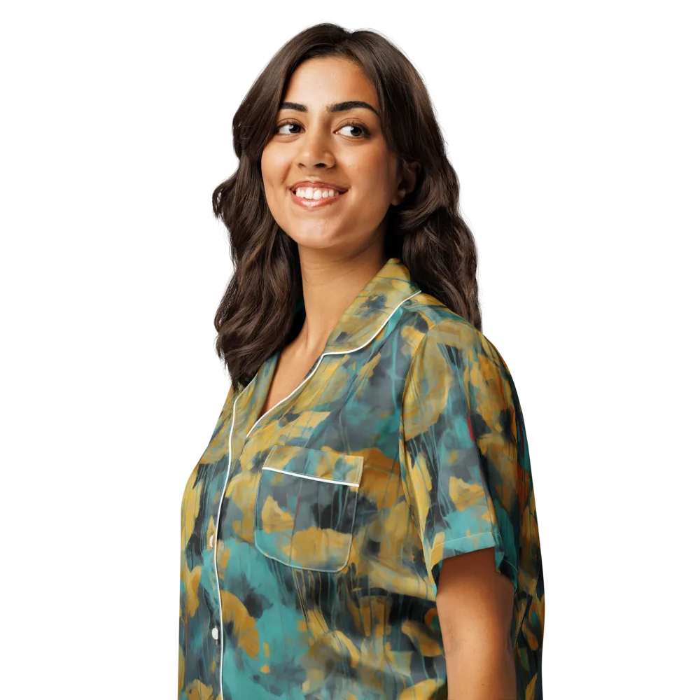 Turquoise Poppy Drift on Women's Short Sleeve Pajama Top — Left Front