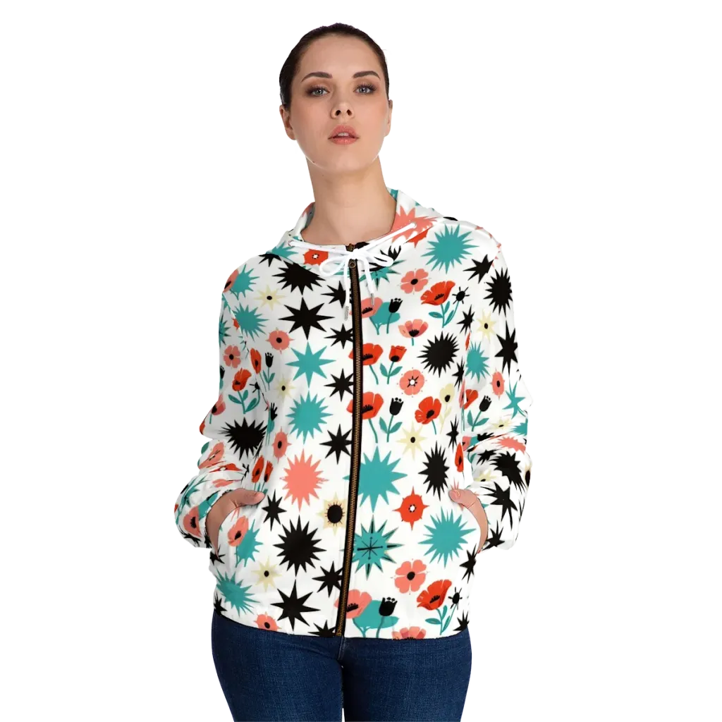 Poppy Starburst on Women's Full-Zip Hoodie — Front On Person