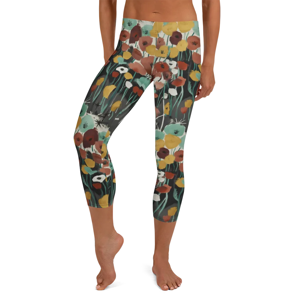 Midnight Poppies on Capri Leggings — Front
