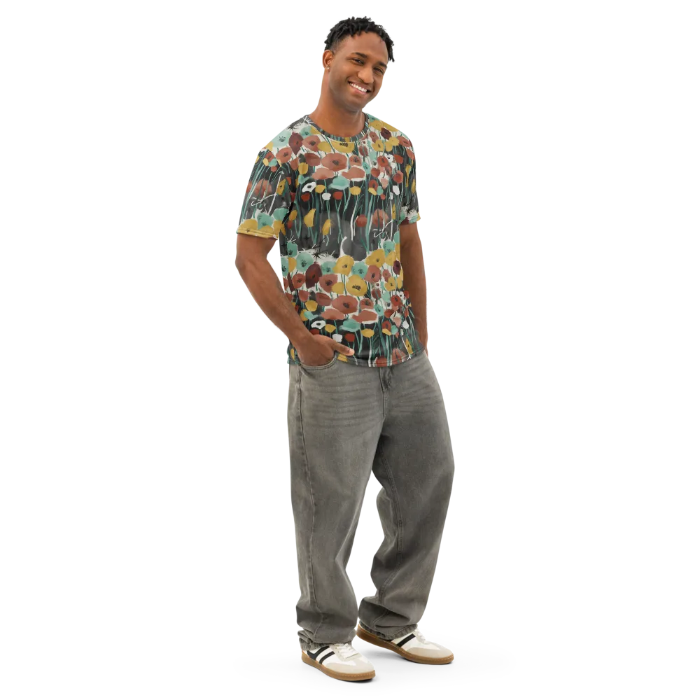 Midnight Poppies on Men's Cotton Crew Neck T-Shirt — Right Front